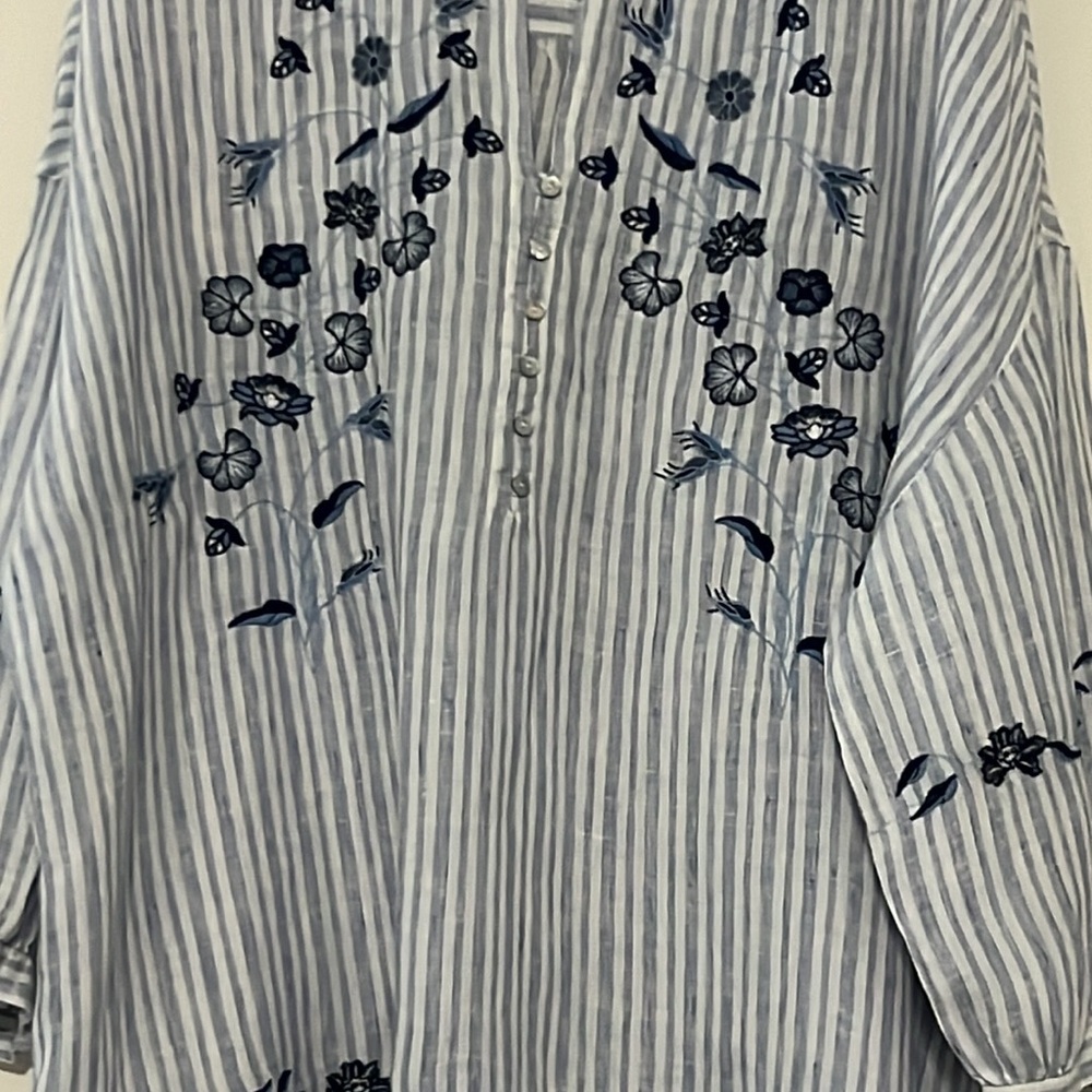 J. Jill Love Linen Blues Striped and Embroidered 3/4 Sleeve Blouse Size 3X - Picture 3 of 10